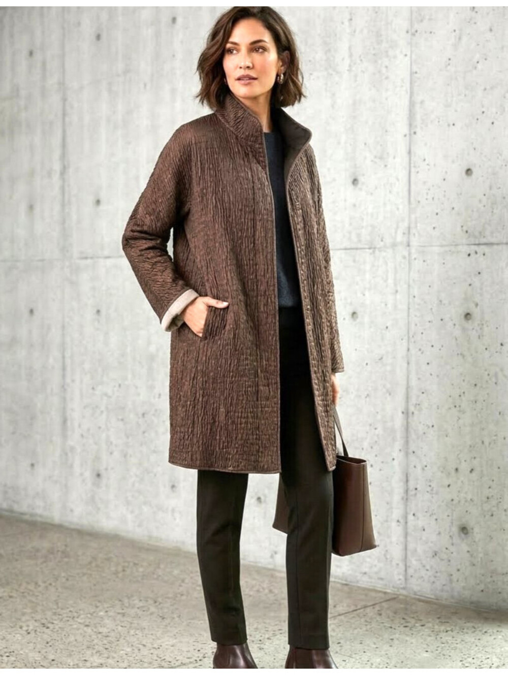 MYCRA PAC One Jacket Women M/L Reversible Coat Brown Textured Zip Up